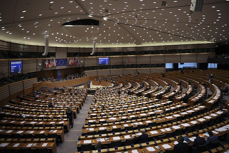 FILE - In this Thursday, Jan. 31, 2019 file photo, European Parliament members attend a plenary session at the European Parliament in Brussels. Microsoft says it has detected hacking attacks aimed at European democratic institutions including think tanks and non-profit groups ahead of elections on the continent in May. The company said Tuesday, Feb. 19 that a group called Strontium targeted email accounts for more than 100 people in six European countries working for the German Council on Foreign Relations, the Aspen Institutes in Europe and the German Marshall Fund. (AP Photo/Francisco Seco, file)