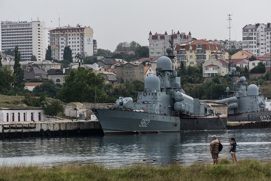 SEVASTOPOL, CRIMEA - AUGUST 12: Military ships seen on August 12, 2015 in Sevastopol, Crimea. Russian President Vladimir Putin signed a bill in March 2014 to annexe the Crimean peninsula but Ukraine and most of the international community do not recognise its annexation. (Photo by Alexander Aksakov/Getty Images)