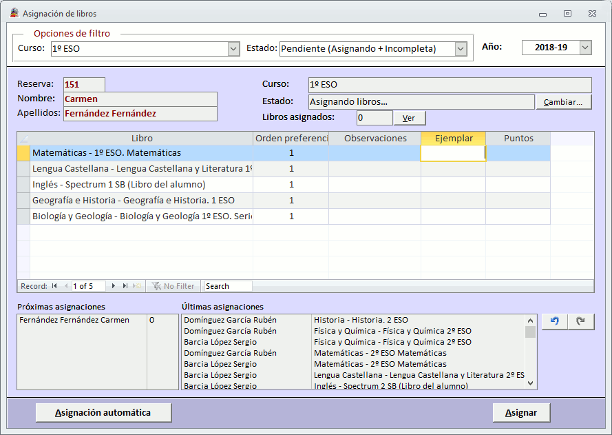 Asignacion de ejemplares de libros a los solicitantes