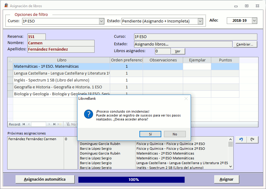 Asignacion de ejemplares automática terminada