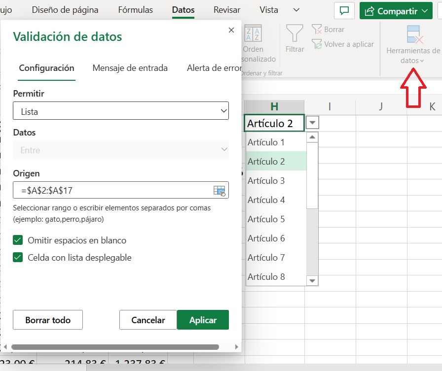 Lista Desplegable en Validación de Datos