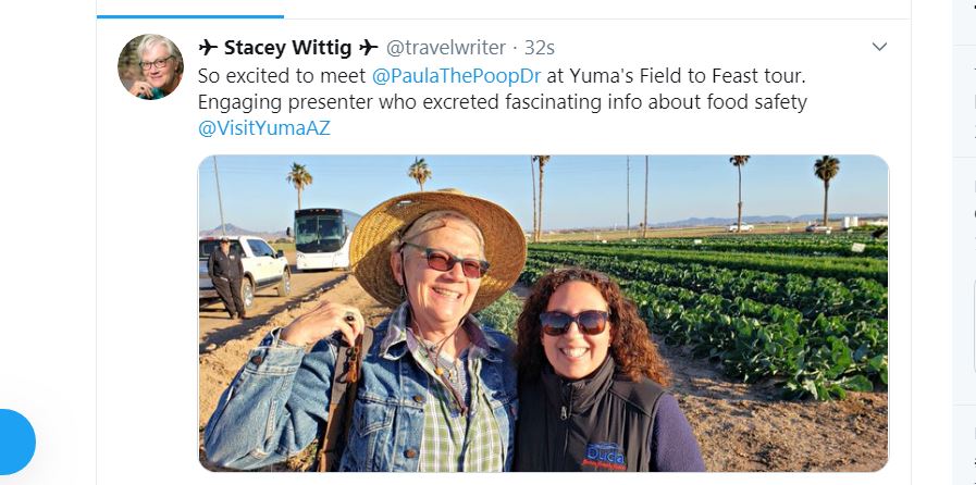 Twitter post with photo of Author Stacey Wittig with arm around young Dr. Paula Rivadeneira at Field to Feast Tours