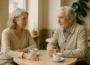 Two elderly adults sit at a round table in a cafe, sharing a calm conversation with cups of coffee nearby.