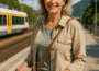 Smiling older woman at a train station with a rolling suitcase and a brown crossbody bag, blue jeans and a beige jacket under a clear sky.