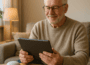 Older man with glasses sitting on a couch, holding a tablet and smiling while using it at home. A smart speaker sits on the table nearby.