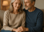 Couple sitting closely on a sofa, holding hands and smiling softly in a cozy living room.
