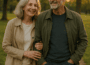 Smiling older couple walking arm in arm down a sunlit park path at golden hour.
