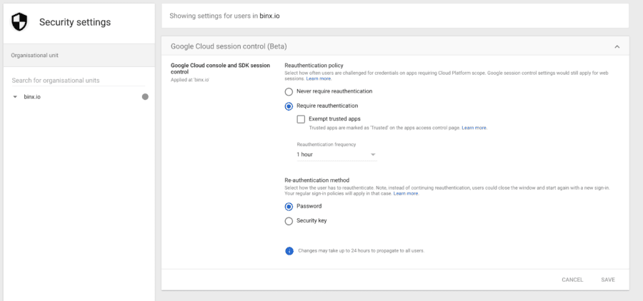 Google Cloud session control screen