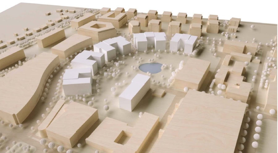 Der „Bogen Babelsberg“ umfasst sechs Büro- und Gewerbegebäude. Das sechste Gebäude wird in wenigen Wochen fertiggestellt. © Fuchshuber Architekten