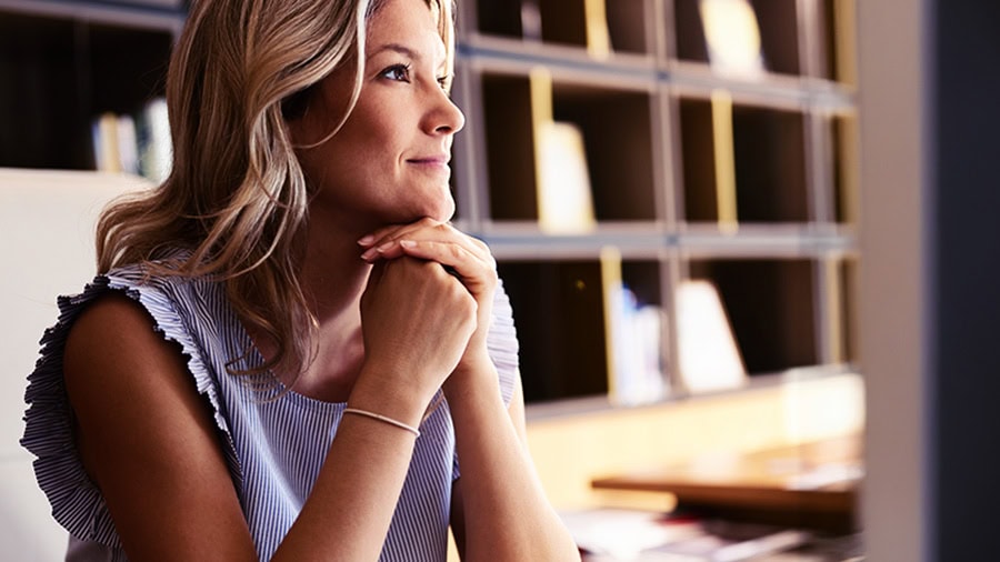 a woman researching a marketing plan