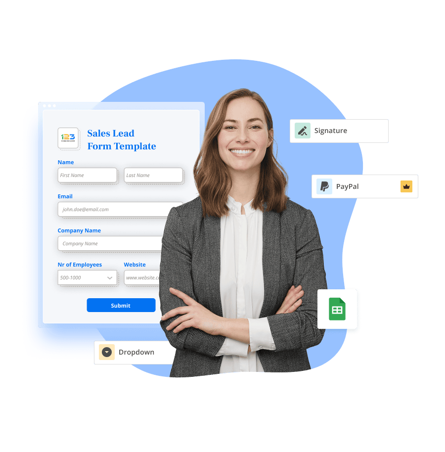 Image showing a sales lead generation form template with multiple features like e-signature, Google Sheets integration, PayPal integration, and dropdown field.