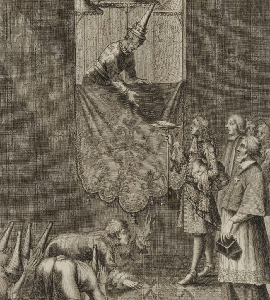 Etching that depicts French envoy dressed in long embroidered coat of the Louis XIV era lifts a letter to King Narai who reaches down from an open window.