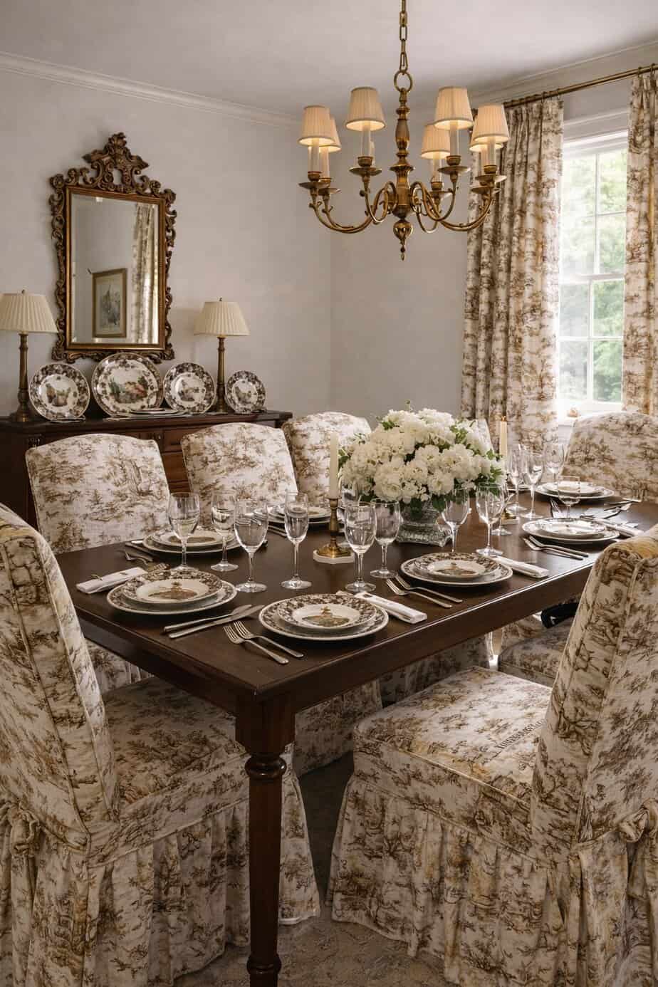 traditional brown woodland toile decor in a formal dining room