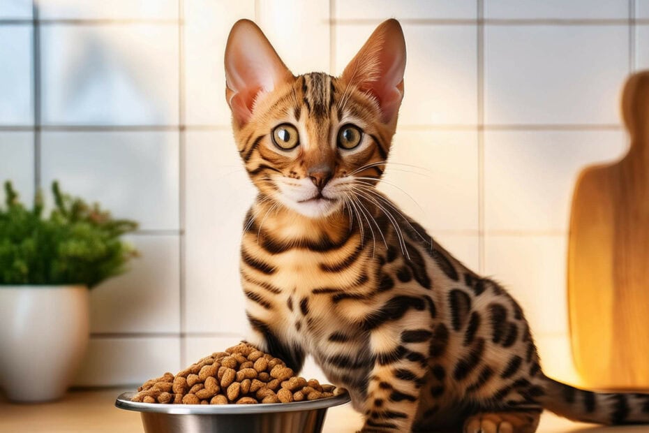 chaton de la race bengal qui mange des croquettes