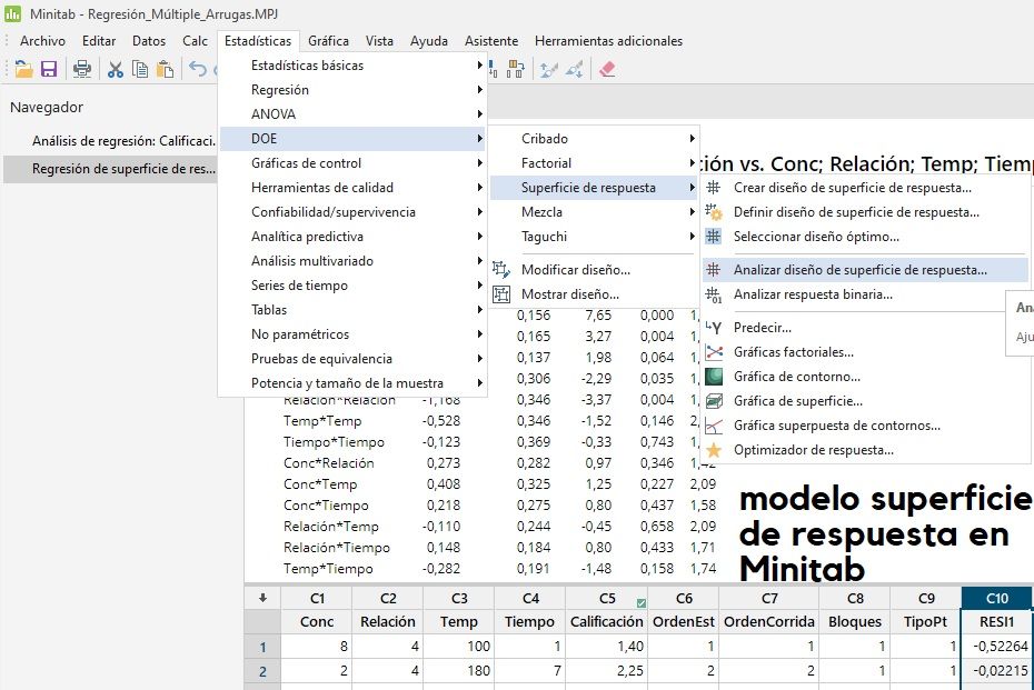 Menú de comandos de Superficie de respuesta en Minitab