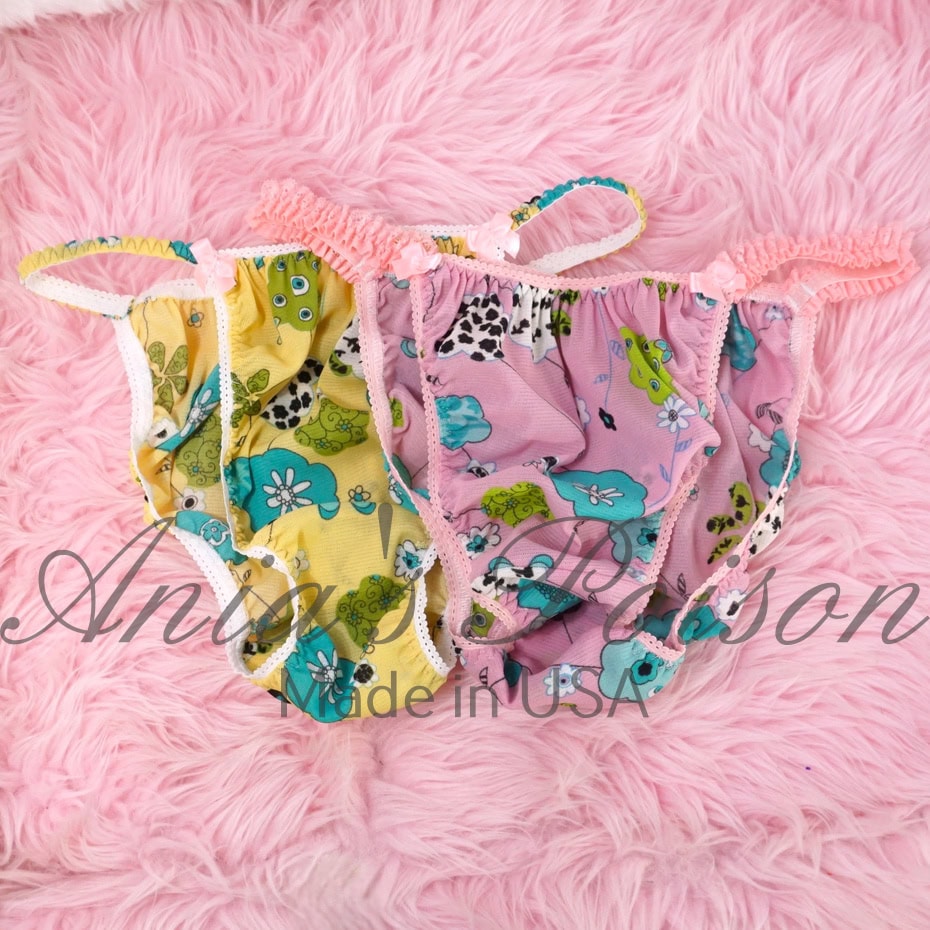 Ania's Sissy Nylon string bikini 2 Piece LOT Yellow and Pink soft men's panties sz M/L