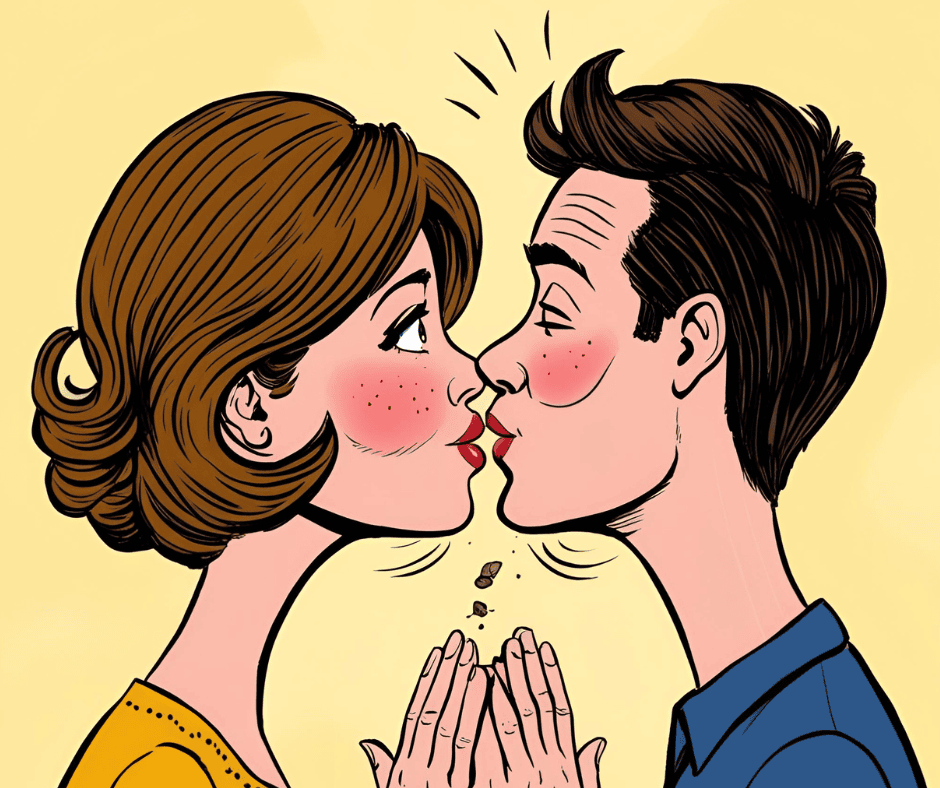 The Hidden Culprit Behind Bad Breath (And Why It’s Not Just Food) 3 Image of a blushing couple kissing