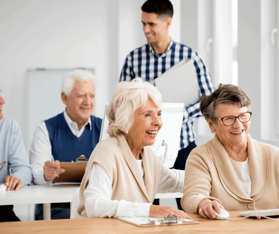 Some senior people have smile and playing computer