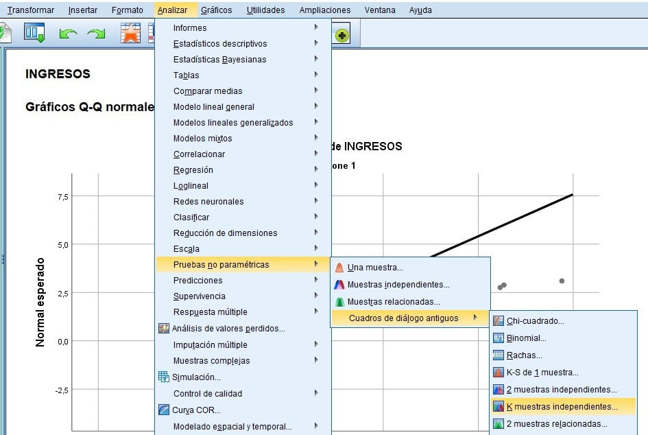 Menú de comandos en SPSS para Test de la H de Kruskal-Wallis