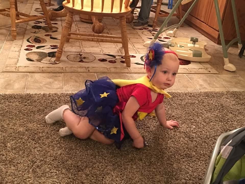 Hazel in her costume, she did SUCH a good job keeping up with her cousin 