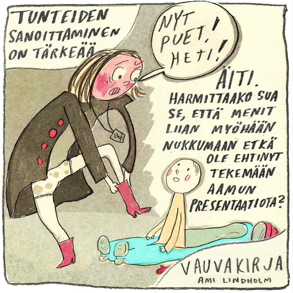 Kuvittaja Ami Lindholm ja 10 kuvitus kuvaa äänestys. Äänestä mieluisin kuva. Teoksen nimi on Tunteiden sanoitus.