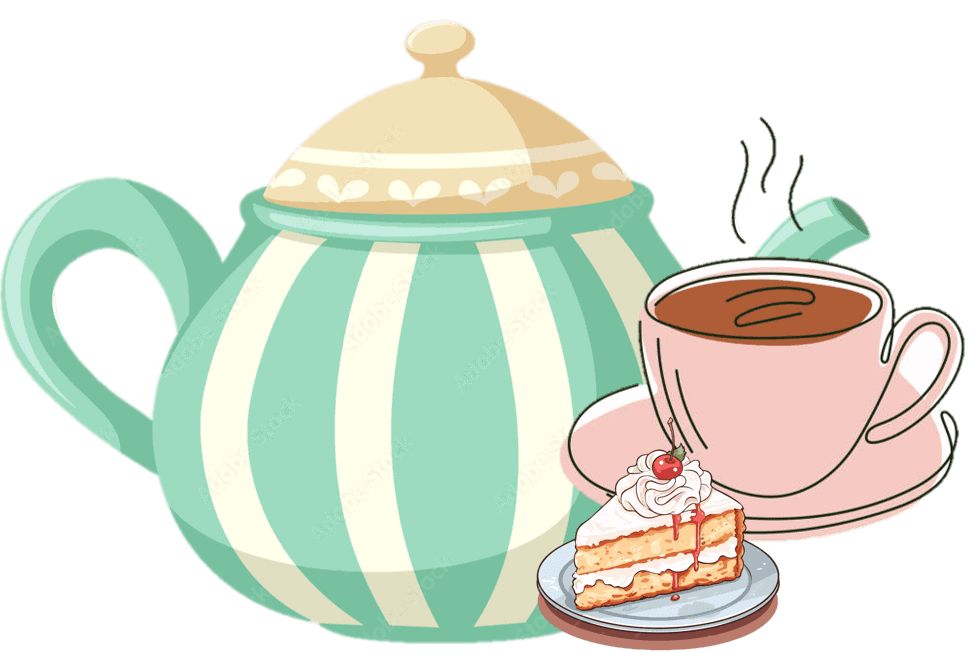 A tea pot, a cup of tea and a slice of cake