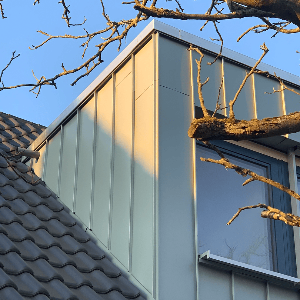 Architektur, Holzbau, Nachhaltigkeit, Neubau, Einfamilienhaus, Bau, Holz, Gaube, Stehfalz, Fenster, Dach