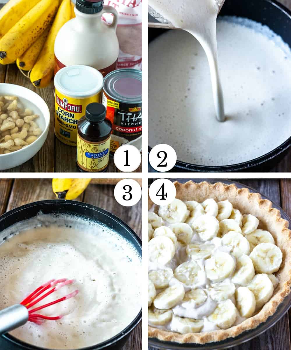 How to make vegan banana cream pie, photo collage with ingredients, blended vegan pudding, cooking pudding and layering of pudding with banana slices, in a pie crust