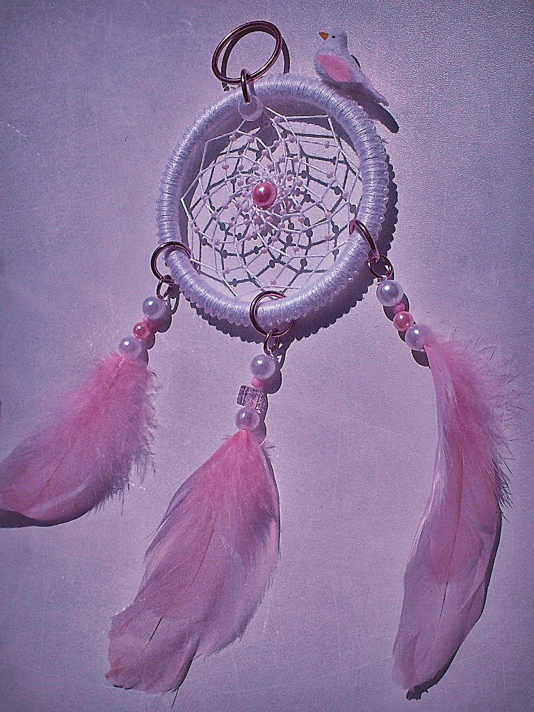 Atrapasueños rosado con blanco y un pájaro o ave pequeño