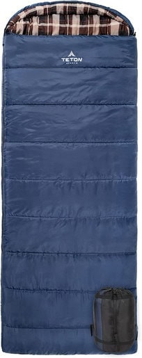 Blue sleeping bag with a tartan checked inside layer, with a compression sack at the bottom.