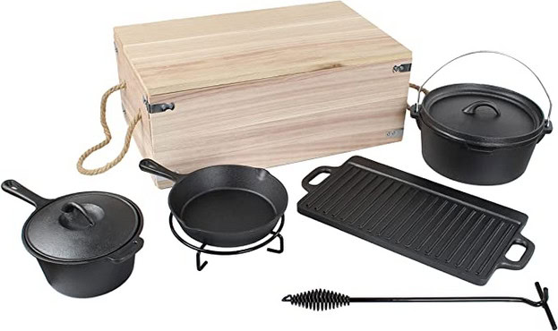 Cast Iron set of cooking utensils including frying pan, pots, a griddle, and a wooden box to keep it in.