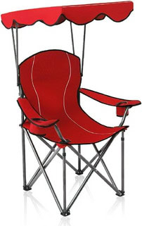 Red camping chair with an attached canopy and cup holders.