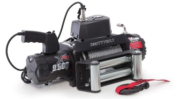 The new Gen2 series of Smittybilt winch in black with red accents and silver cable.