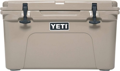 Pale beige / grey cool box with the Yeti logo on the front. 