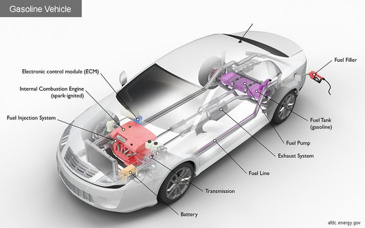 Image of a car where you can see through to the inside mechanics, Including the engine, fuel tank, and transmission. Each part is labelled.