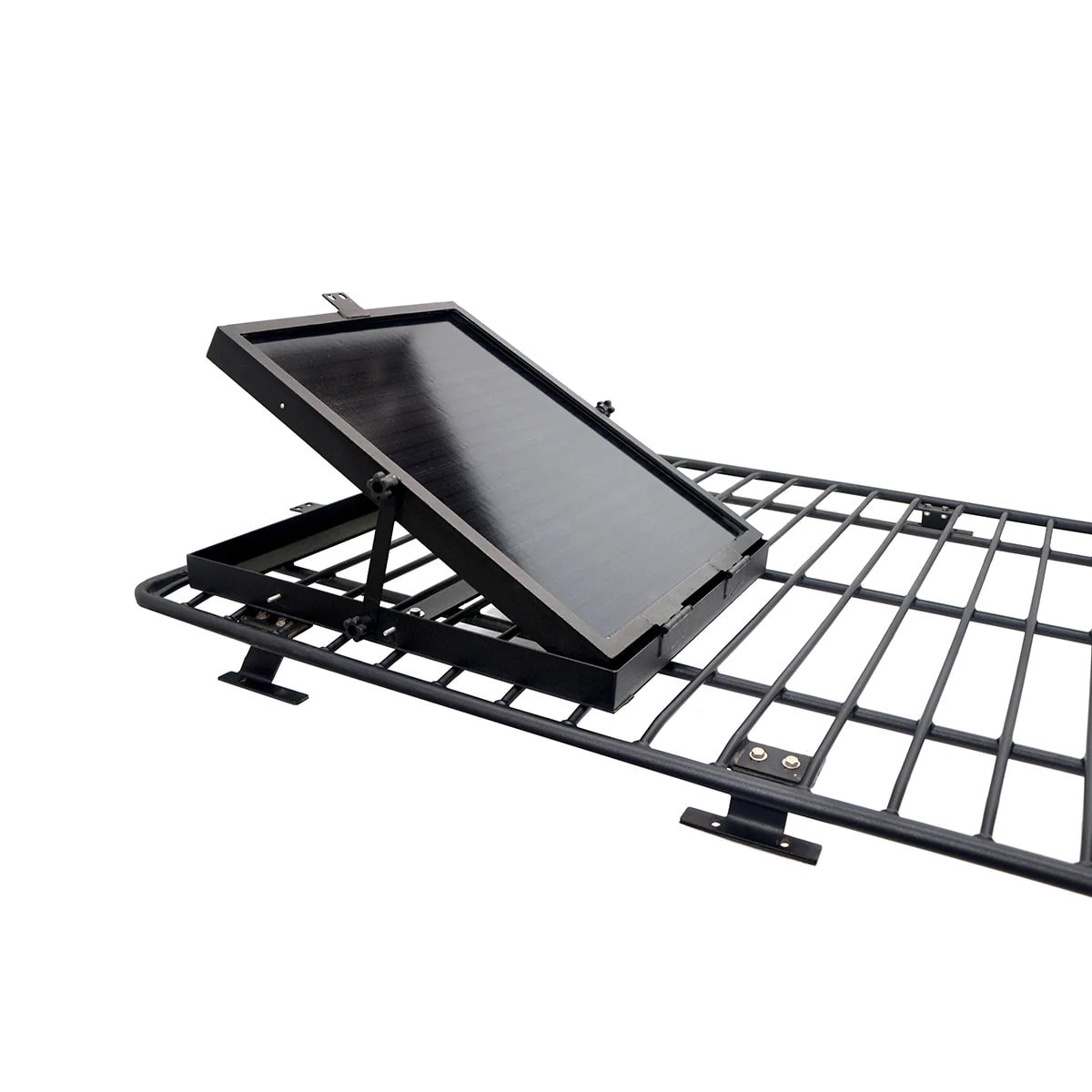 Image of a grid-like roof rack solar panel mount with a small tilted solar panel attached.