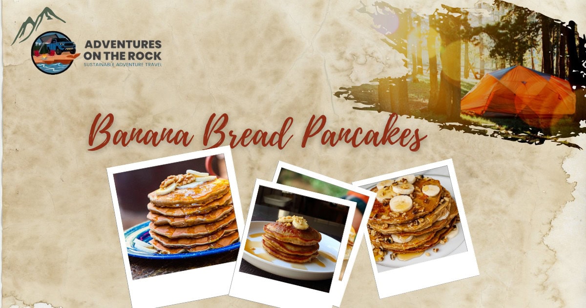 Image with a beige parchment background and three polaroid images of Banana Bread Pancakes