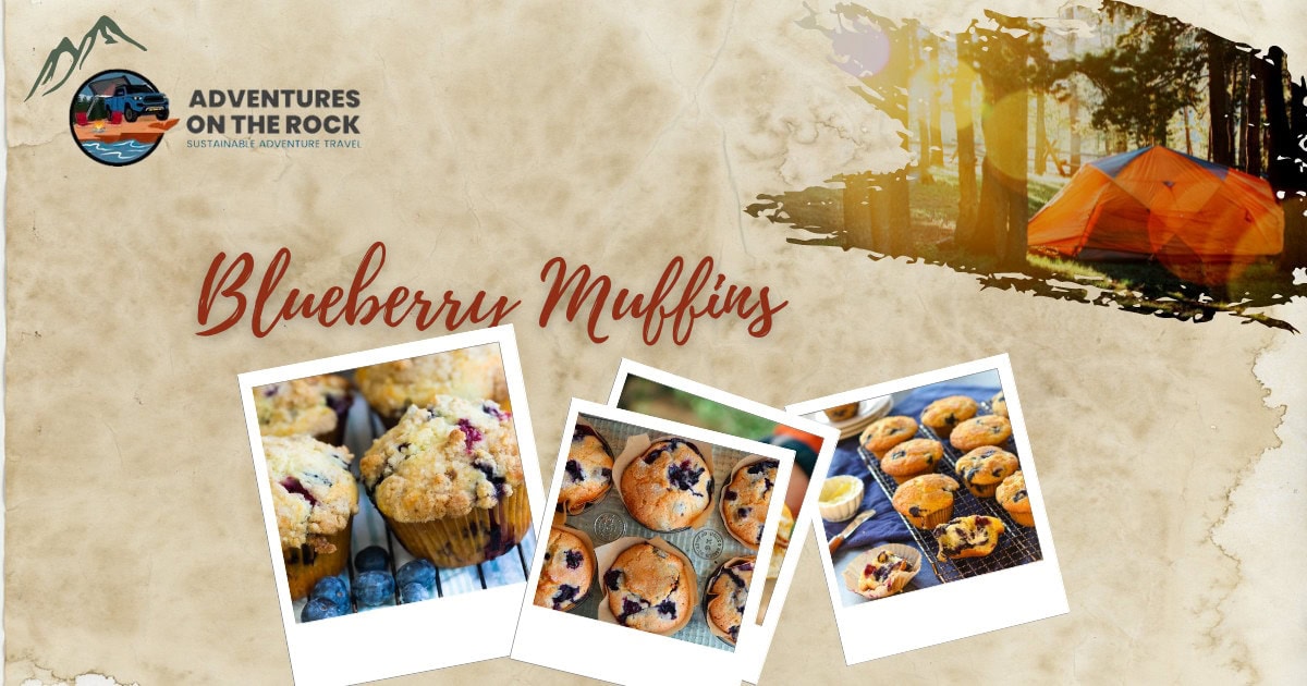 Image with a beige parchment background and three polaroid images of Blueberry Muffins