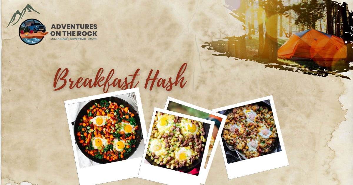 Image with a beige parchment background and three polaroid images of Breakfast Hash