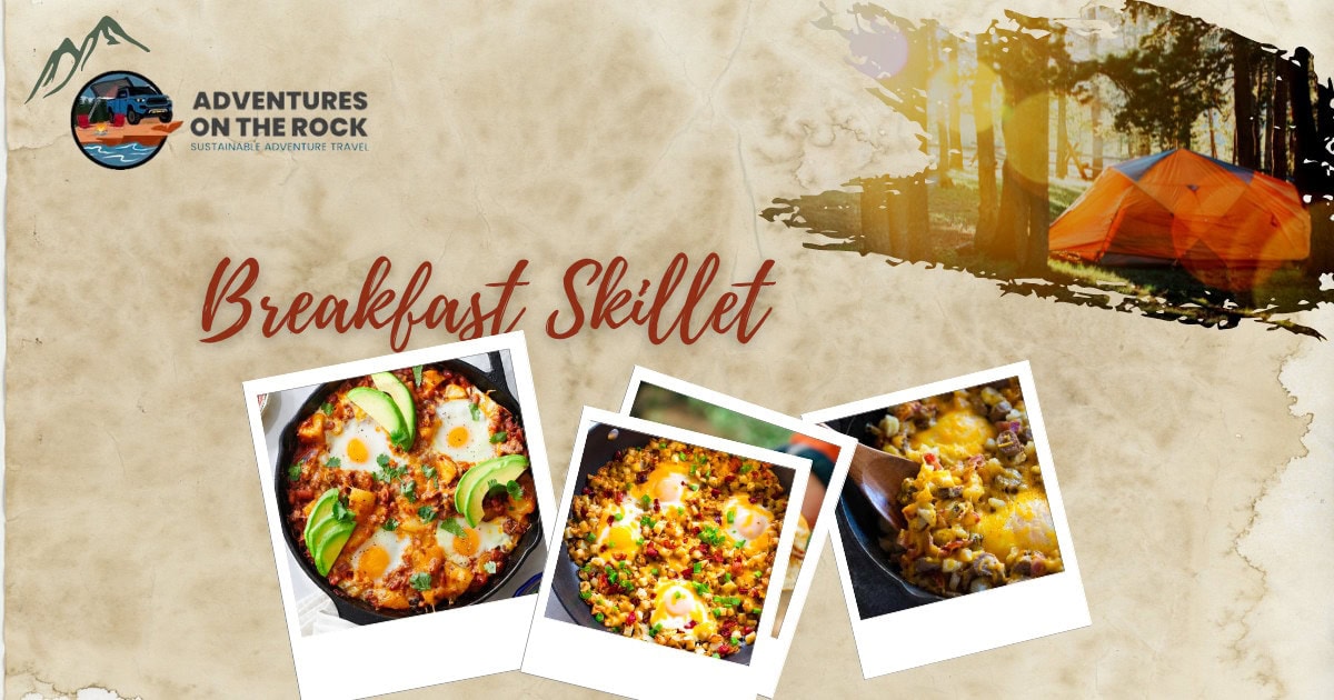 Image with a beige parchment background and three polaroid images of Breakfast Skillet