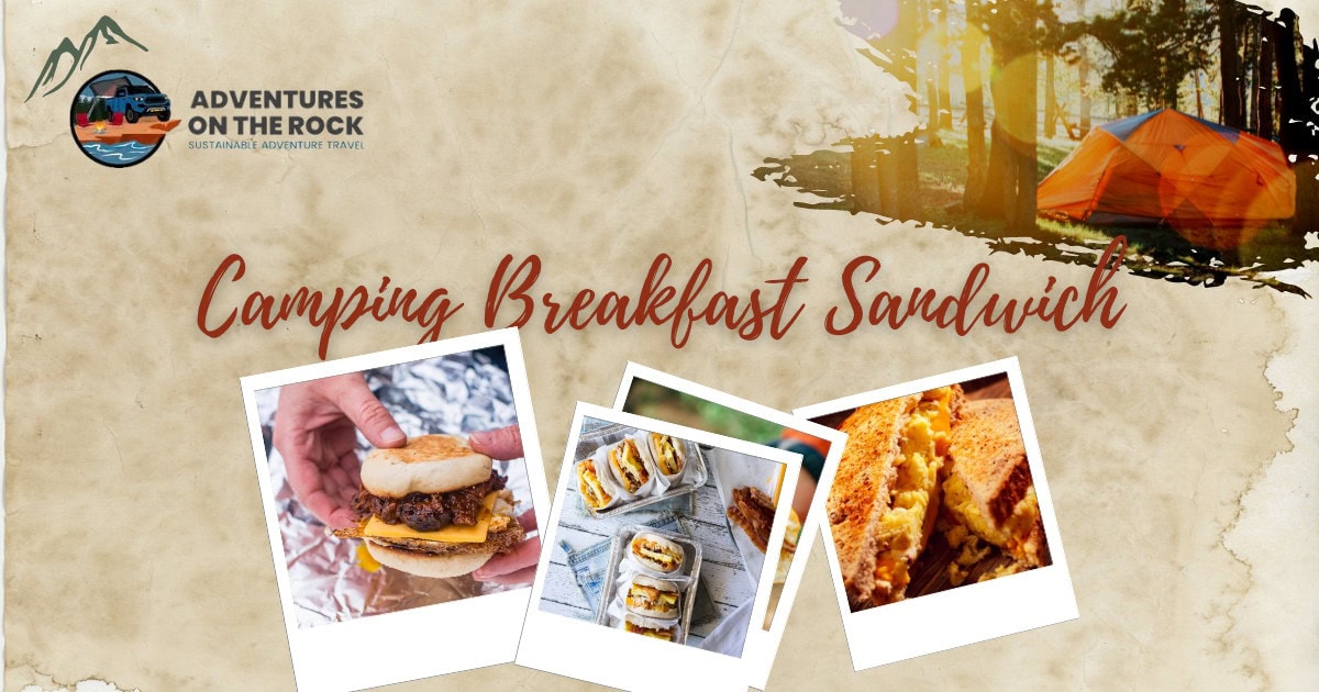 Image with a beige parchment background and three polaroid images of Camping Breakfast Sandwiches