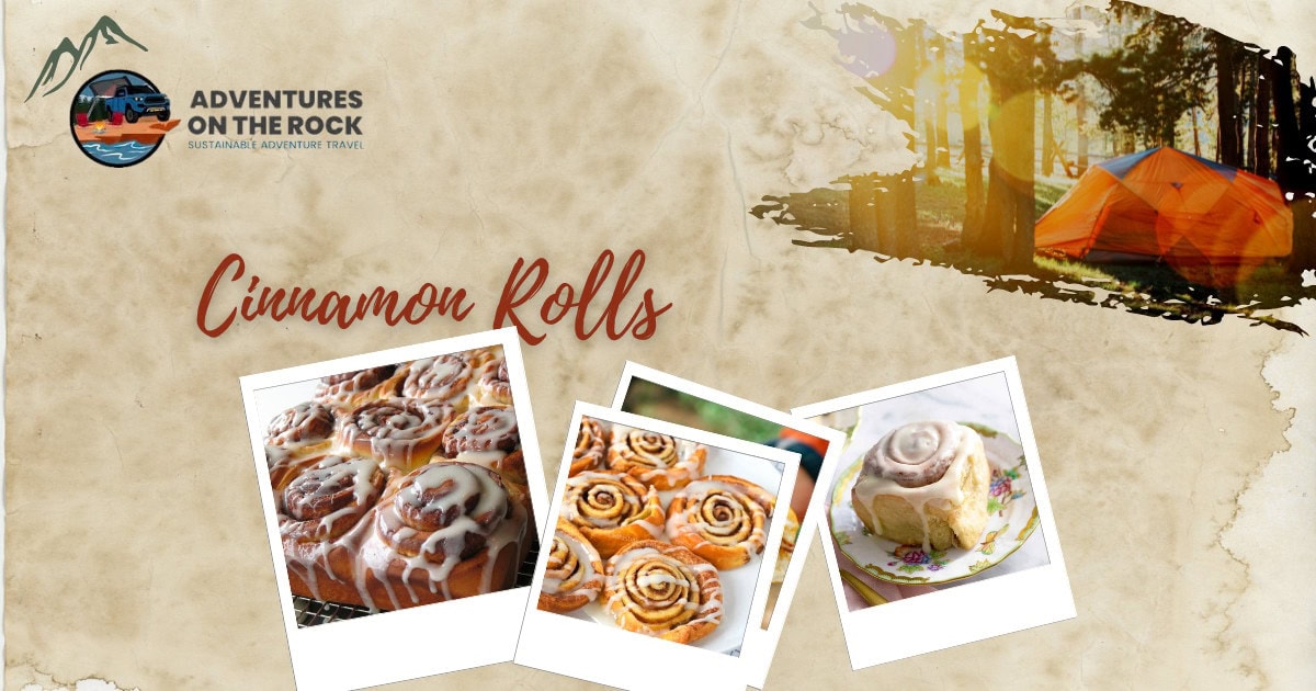 Image with a beige parchment background and three polaroid images of Cinnamon Rolls