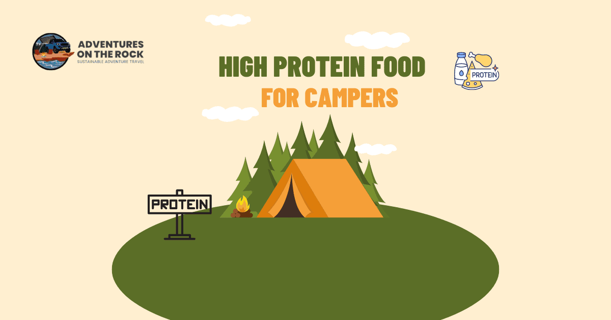 Green modern illustration of summer camp, with protein sign in front of the tent