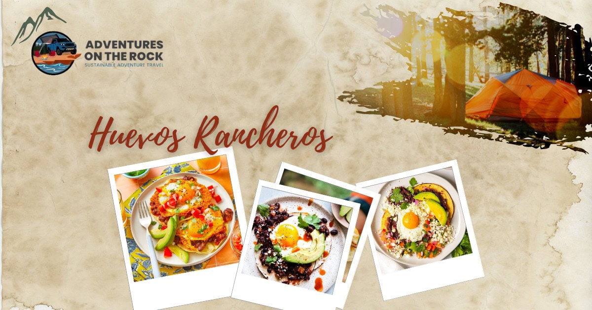 Image with a beige parchment background and three polaroid images of Huevos Rancheros