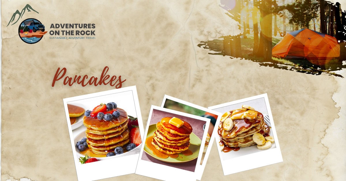 Image with a beige parchment background and three polaroid images of Pancakes