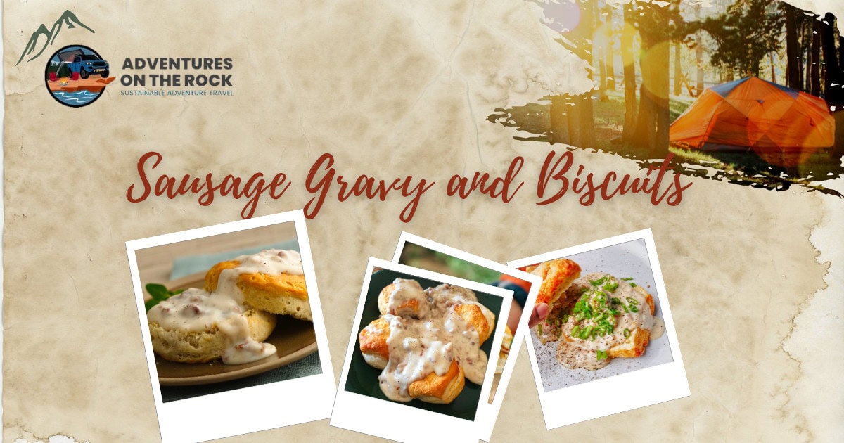 Image with a beige parchment background and three polaroid images of Sausage Gravy and Biscuits