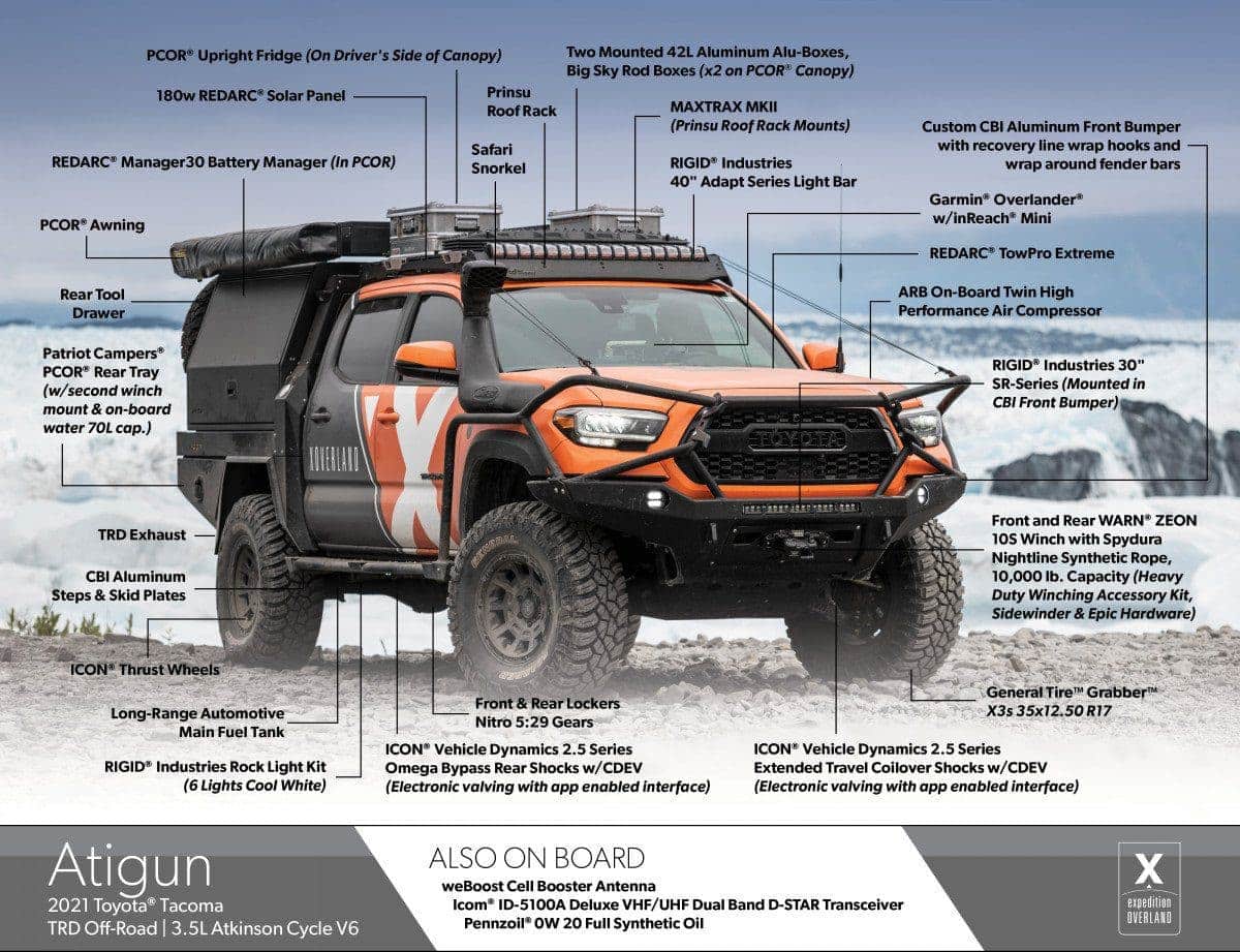 Atigun Toyota Tacoma overland build with all the parts labeled