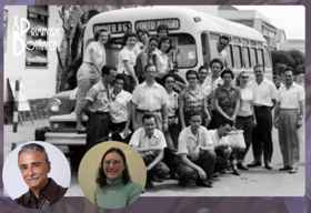Ônibus com adesivo da X Primavera Botânica e fotos de participantes