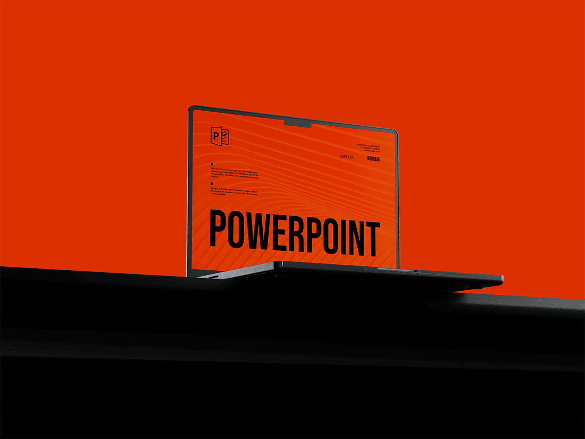 powerpoint napis na laptopie w kolorach programu i graficzny layout ppt