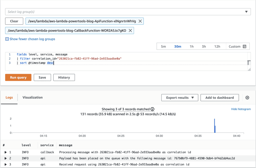 Sample query of AWS CloudWatch Logs Insights